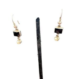 Sterling Silver Dangle Earrings Square Black Onyx with dangle faux pearl cabocho